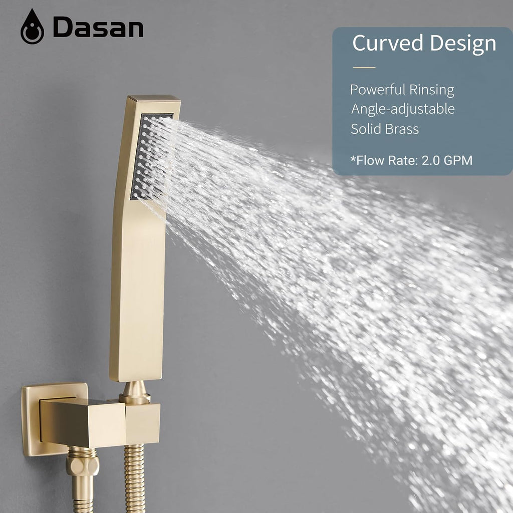 DASAN Tub Shower Faucets Sets Complete Brushed Gold Bathtub Shower System with Waterfall Tub Spout, Bathtub Faucet Set Tub and Shower Faucet Combo Trim Kit with Valve, DA-SS04BG-S10W