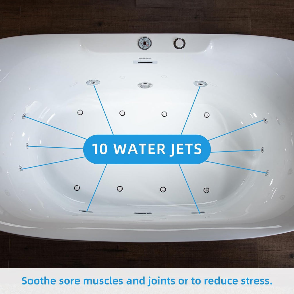 WOODBRIDGE 72' x 35-3/8' Whirlpool Water Jetted and Air Bubble Freestanding Heated Soaking Combination Bathtub with LED control panel, BJ400
