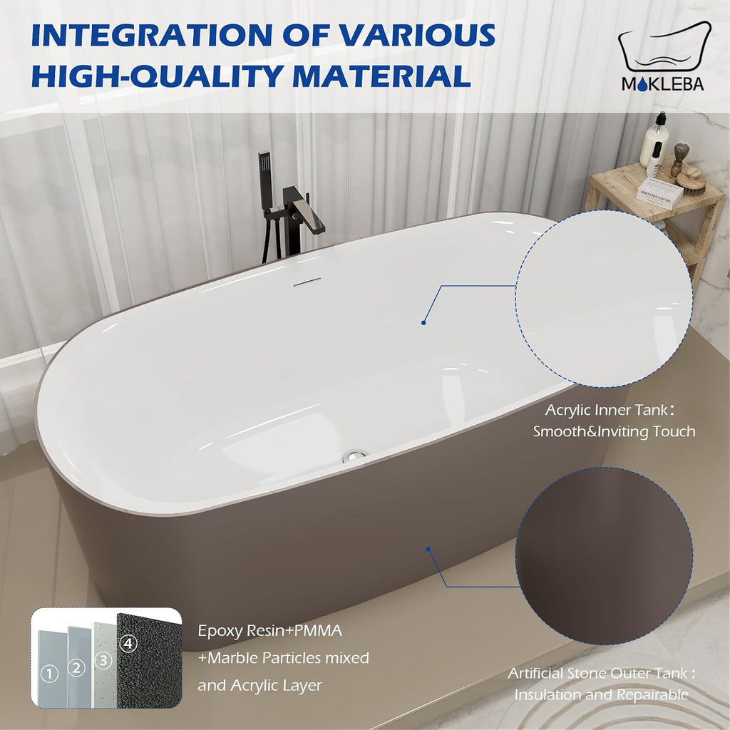 59' Solid Surface Resin Freestanding Bathtub Oval Shape, Modern Deep Stone Resin Soaking Bathtub with Integrated Slotted Overflow, Toe-Tap Chrome Drain, cUPC Certified, Brown
