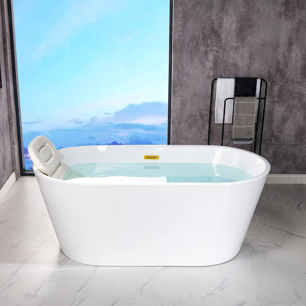 WOODBRIDGE 54' Acrylic Freestanding Bathtub Contemporary Soaking White Tub with Brushed Gold Overflow and Drain,B1702-BG