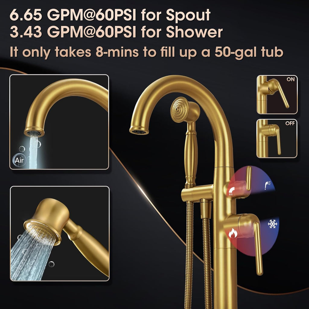Free Standing Tub Faucet, Wintap Brass Antique Freestanding Bathtub Filler with Handheld Sprayer Max 6.6GPM/60PSI Classic Brushed Gold WT-9811BG