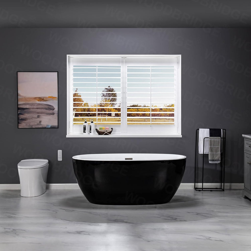 WOODBRIDGE 59' Acrylic Freestanding Bathtub Contemporary Soaking Black Tub with Brushed Nickel Overflow and Drain,Black,B1818-BN
