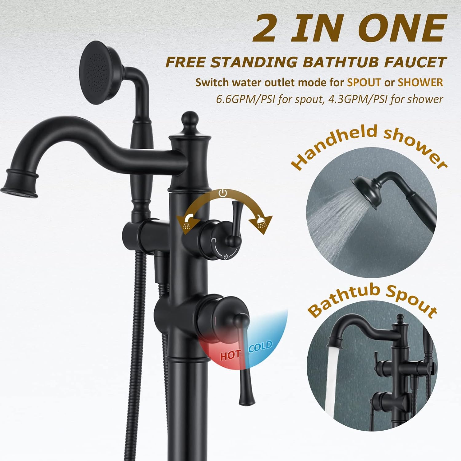 Roman Bathroom Faucet Set, Centerset Sink Faucet 2 Hole with Pop Up Drain, Free Standing Tub Faucet Filler with High Pressure Handheld Shower, Matte Black