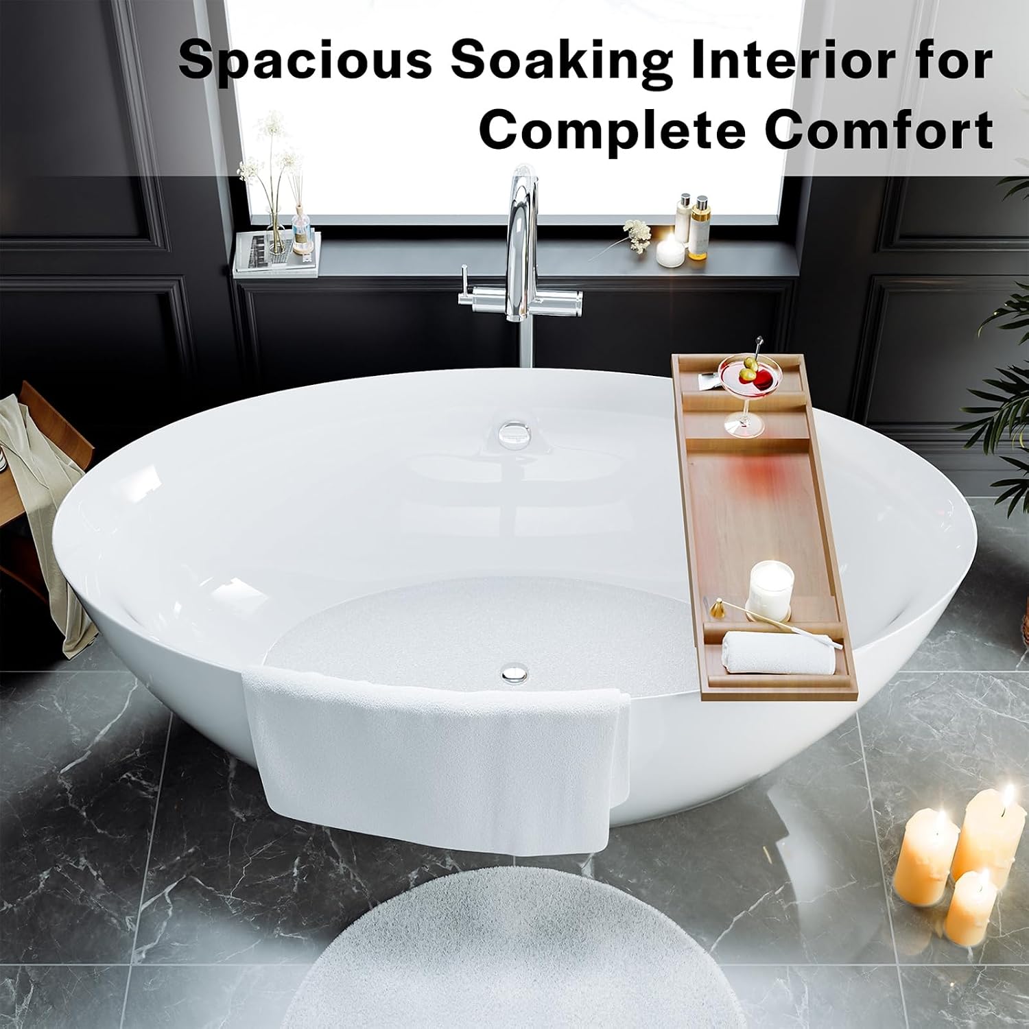 Empava Freestanding Bathtub, 71' Soaking Tub with Center Drain & Overflow – Acrylic Tub, Non-Slip Flat Bottom, Glossy White, cUPC Certified