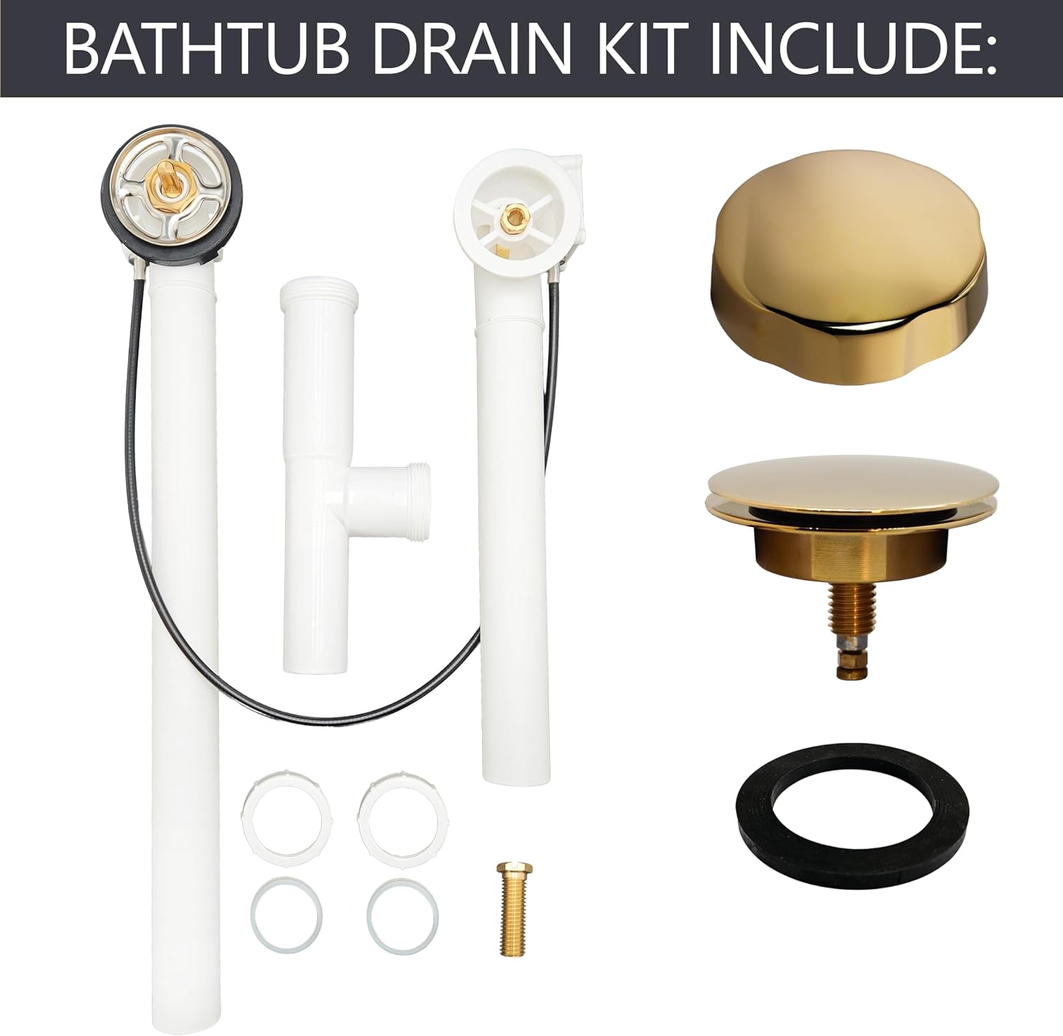 Westbrass A50P35TLE-01 35' Cable Drive Bath Drain Trim Kit with Rotary Overflow Cover Knob, European Stopper and Poly Tubular Pipes, Polished Brass