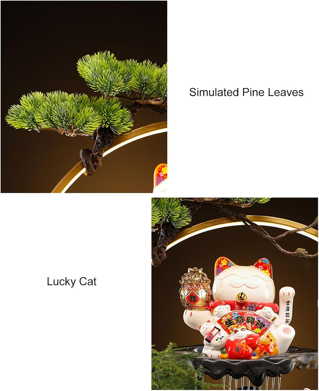 Indoor Tabletop Waterfall Fountain with Lucky Cat, Desk Small Fountain, LED Light Ring, Indoor Waterfall Feature, and Backflow Incense Burner