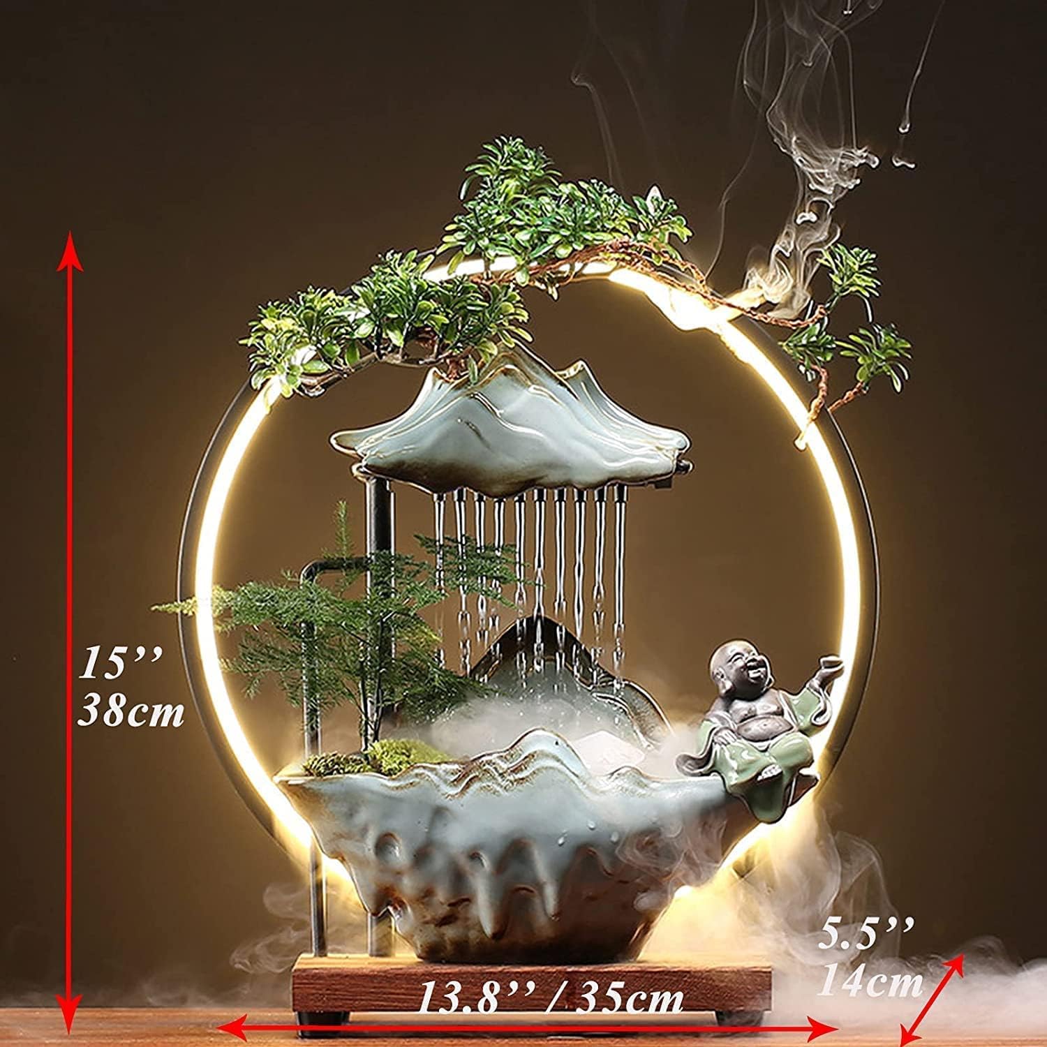 Buddha Tabletop Water Fountains Indoor Waterfall with Mist Zen Decor for Meditation Japanese Decor with Fake Plants Feng Shui Decoration for Good Luck Wealth