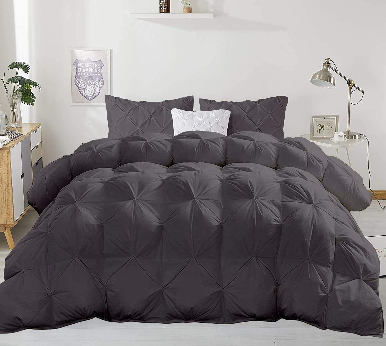 Pinch Pleated Dark Grey 5 Piece Soft 500 GSM California Queen Size Comforter Set (Comforter + 4 Pillowcases) 1000 Series Egyptian Cotton Comforter Set