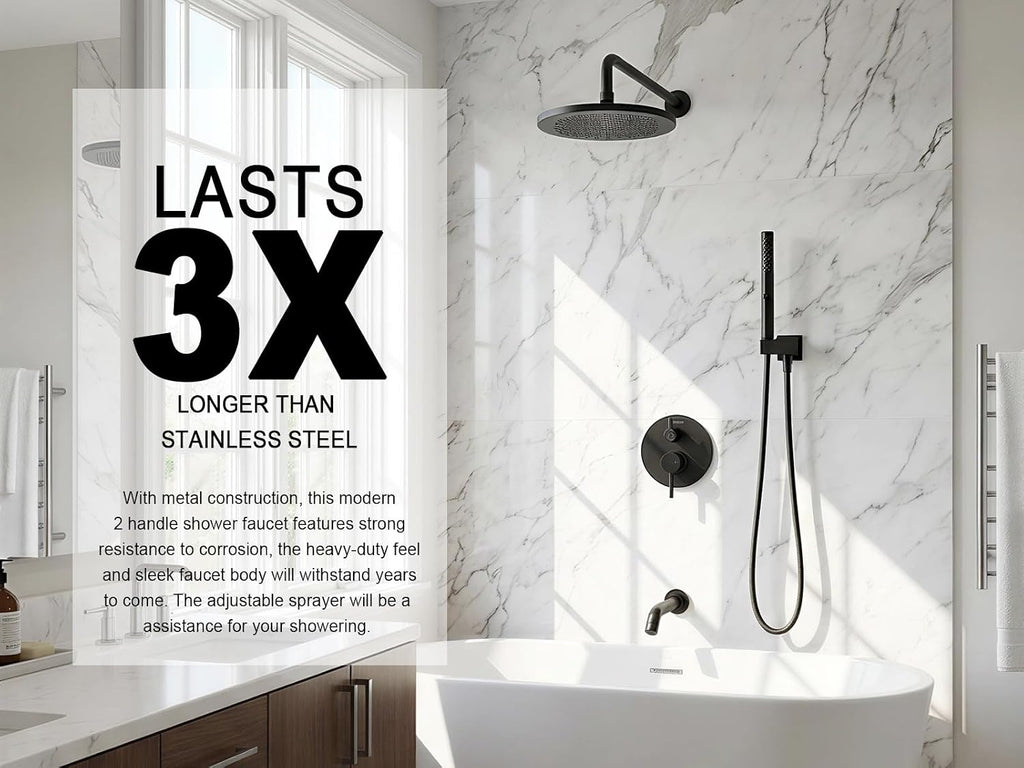 Lava Odoro Modern 3-Setting Round Rain Bathtub and Shower Faucet Set, Black Rainfall Shower Head and Handle Set, Rain Shower System with Tub Spout, Shower Valve Trim Kit, Matte Black, SF104-MB-T