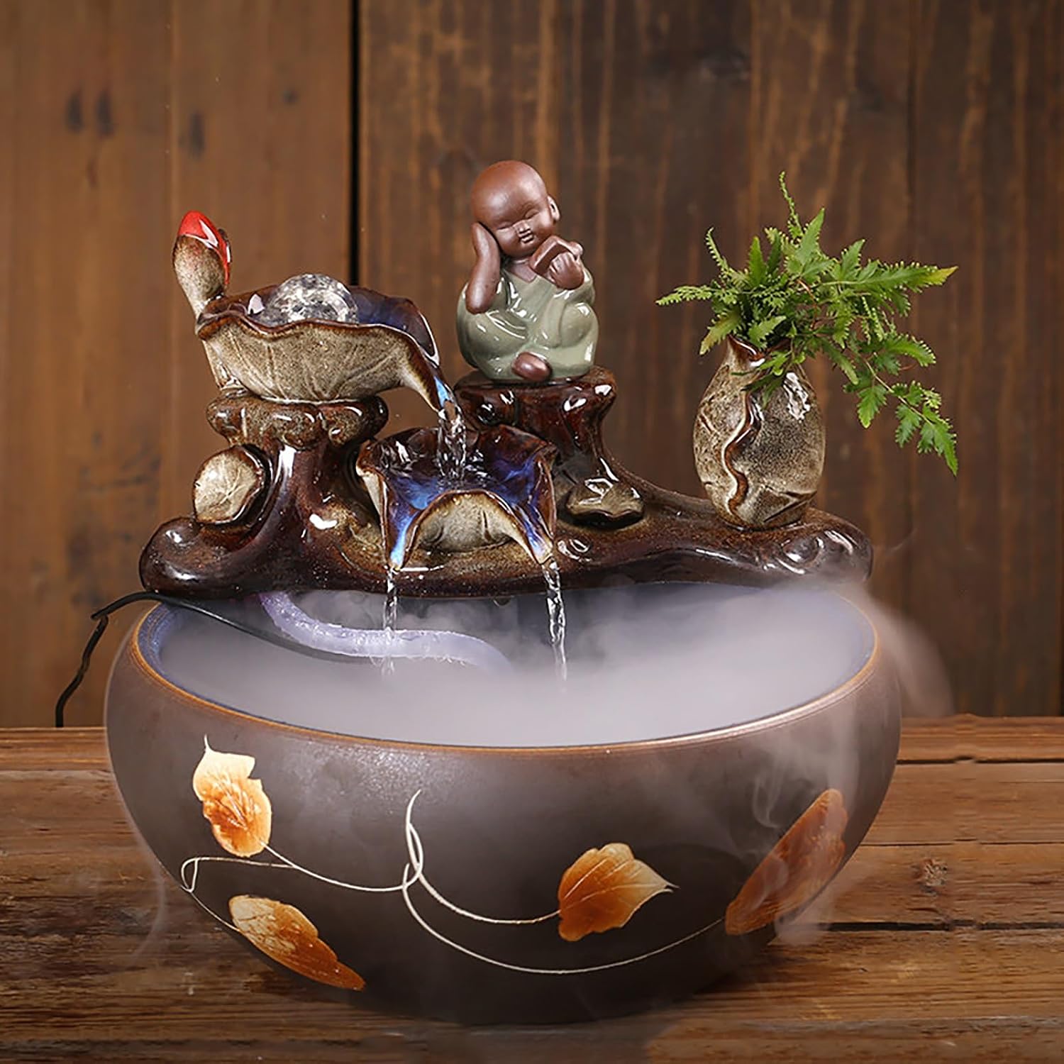Tabletop Water Fountain, Mist Humidifier, Chinese Ceramic Desk Decor, Porcelain Indoor Feature for Living Room Office(A)