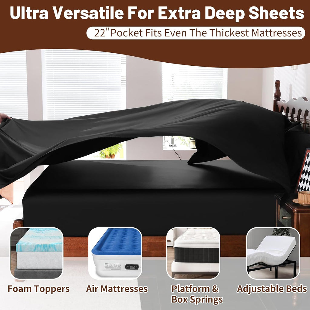 Extra Deep Pocket California King Sheets 18-24 Inch 100% Egyptian Cotton 1000 Thread Count Sateen Weave Soft Breathable 4 Pieces（Cal King,Black）
