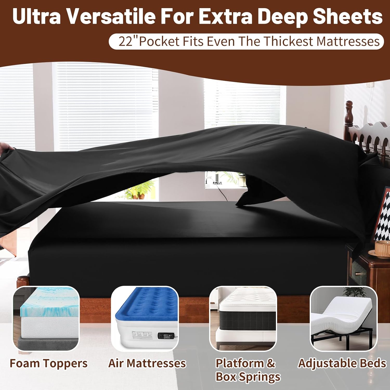 Extra Deep Pocket California King Sheets 18-24 Inch 100% Egyptian Cotton 1000 Thread Count Sateen Weave Soft Breathable 4 Pieces（Cal King,Black）