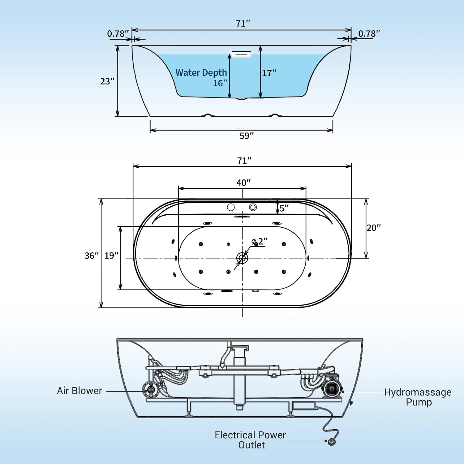 71 inch Whirlpool Freestanding Bathtub with Air Bubble & Hydro Massage – Heated Soaking Tub with Digital Control Panel, Glossy White Acrylic Spa Tub for Main Bathroom