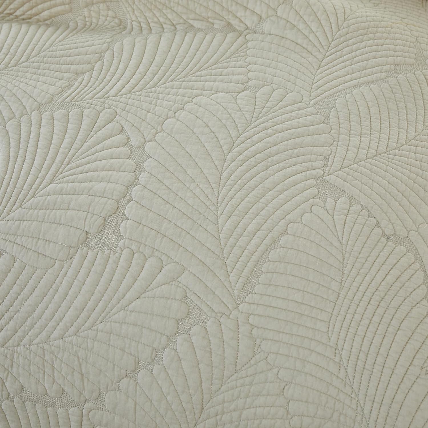 Brandream Beige Palm Stitch Quilt Set 100% Cotton King Size Luxury Embroidered Palm Leaf Bedding, Premium Hand-Stitched Tropical Quilt Set 3-Piece