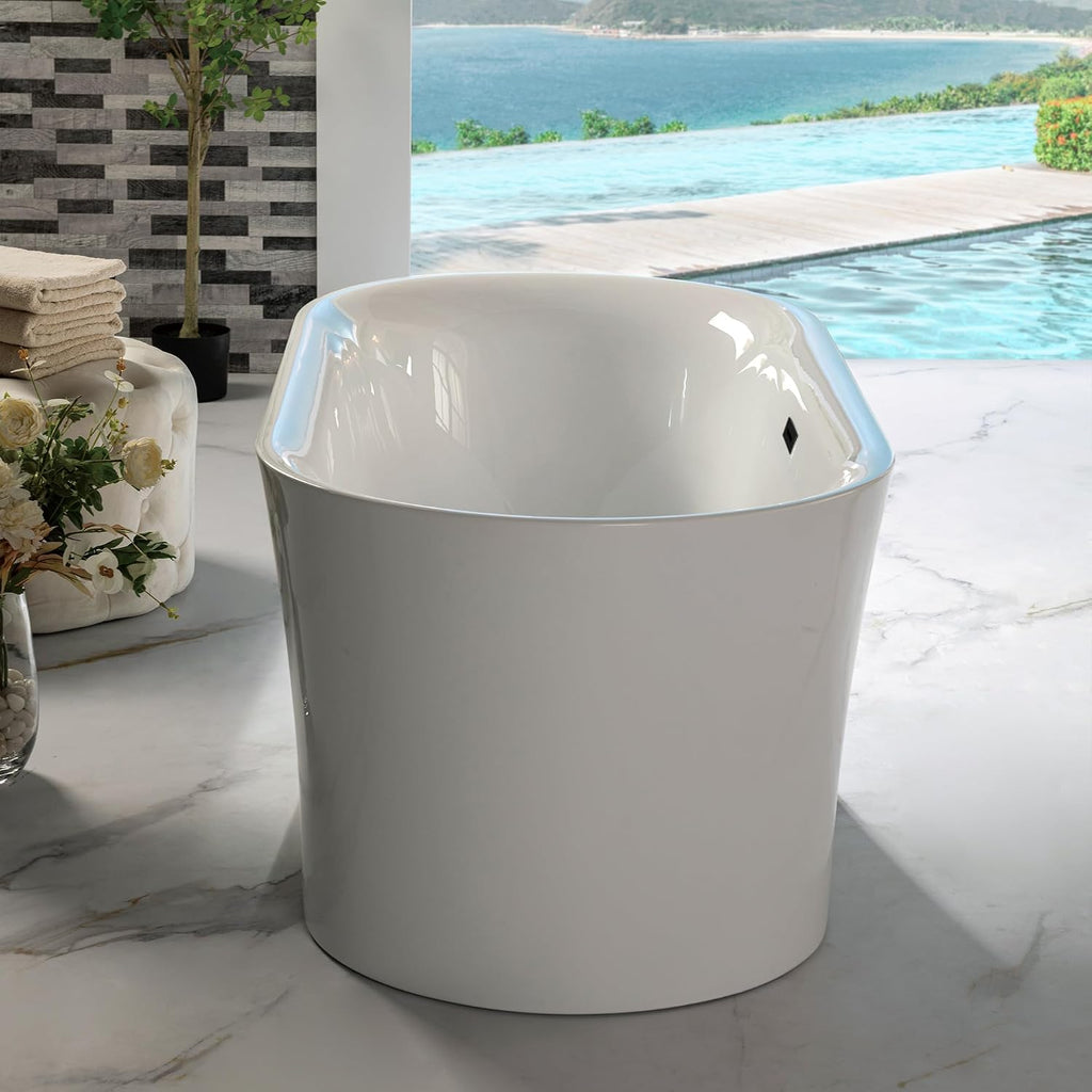 WOODBRIDGE 59' Acrylic Freestanding Bathtub Contemporary Soaking Tub with Matte Black Overflow and Drain,White Tub,B0058-MB