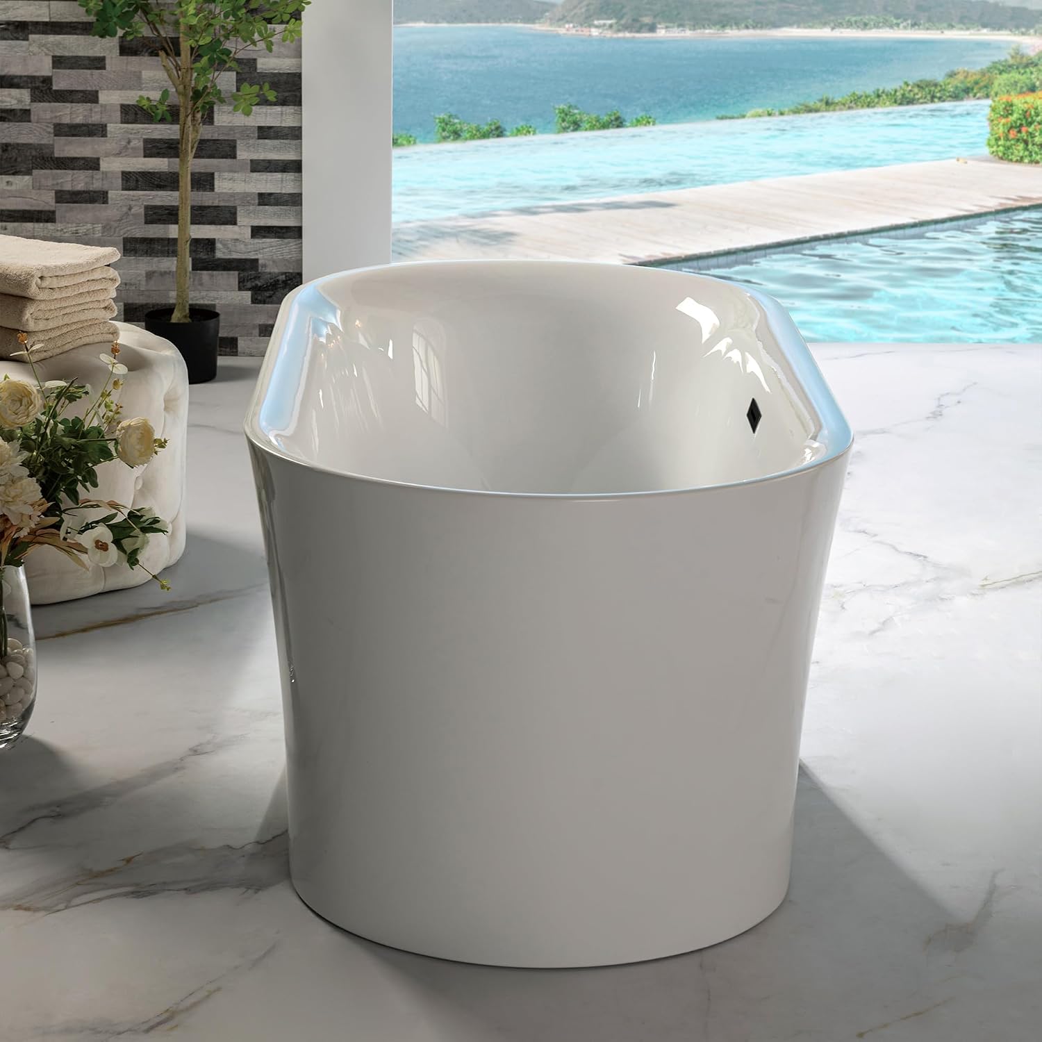 WOODBRIDGE 59' Acrylic Freestanding Bathtub Contemporary Soaking Tub with Matte Black Overflow and Drain,White Tub,B0058-MB