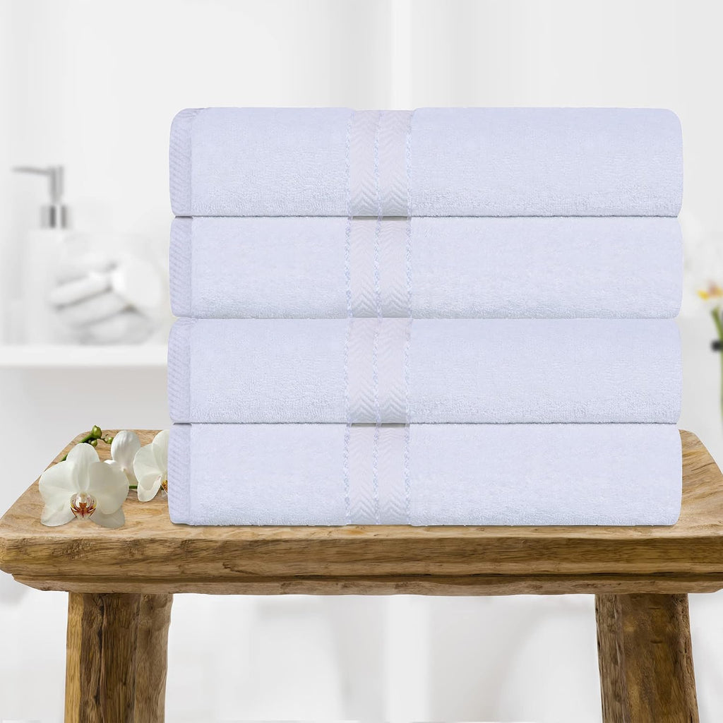 Superior Hotel Turkish Cotton 4 Piece Bath Towel Set, Ultra Plush Spa Quality Heavyweight Essentials for Bathroom, Thick Absorbent and Soft, Dobby Border, Includes 4 Large Bath Towels, White