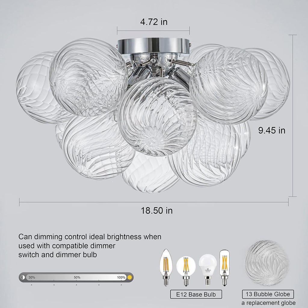 GoYeel Modern Chandelier Close to Ceiling Light Fixture 3 Light Contemporary Mid Century Glass Chandelier 18.5' with 13 Clear Swirled Globe Foyer Bedroom Living Room
