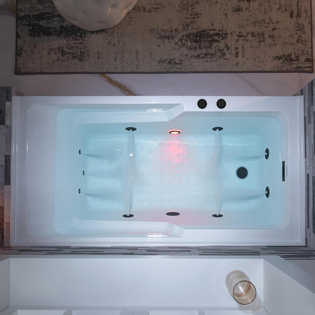WOODBRIDGE 60' Alcove Acrylic Rectangular Whirlpool Heated Jetted Tub in White with Left Drain, Matte Black pop-up Drain Included BM6030L