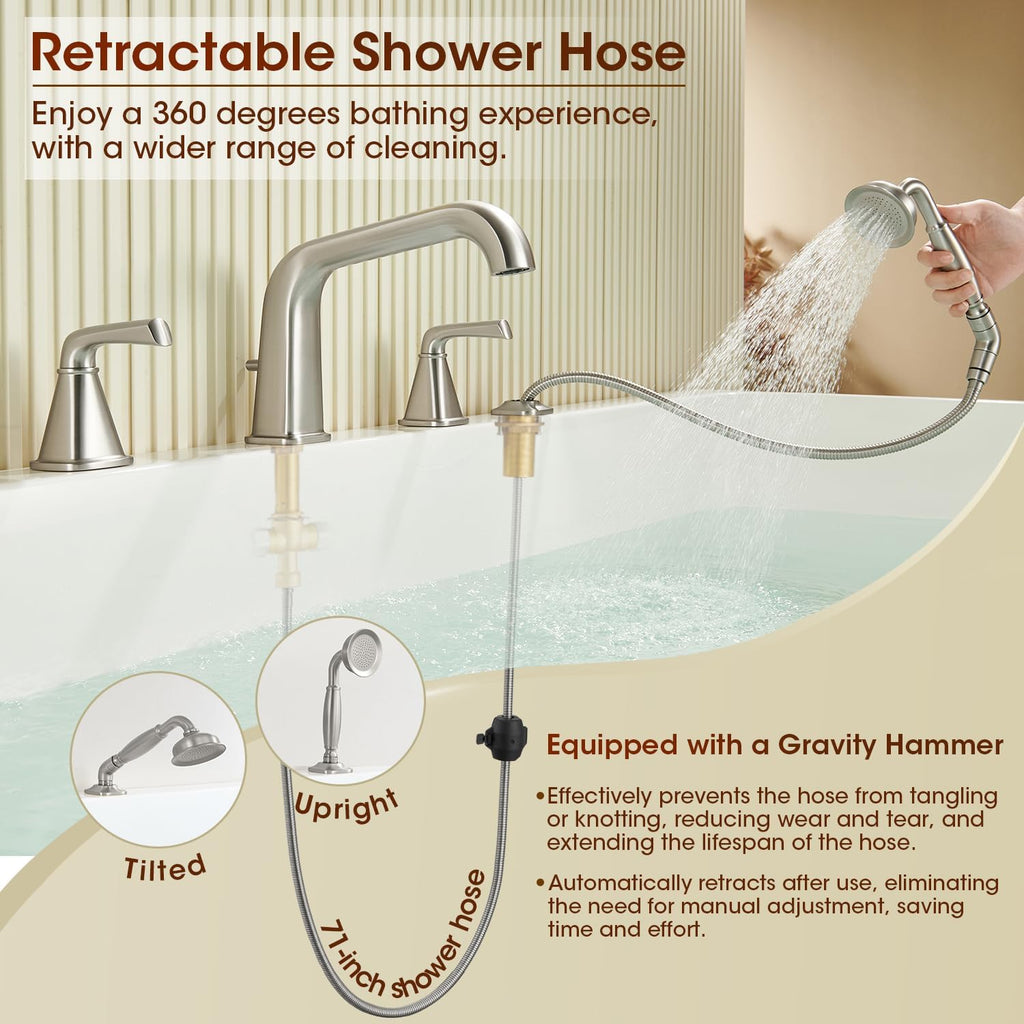 Roman Bathtub Faucet with Sprayer, Qinkell Tub Faucet Set with Valve, 4 Hole Deck Mount Tub Faucets, 2 Handle High Flow Tub Filler with Hand Shower and Supply Lines Brushed Nickel