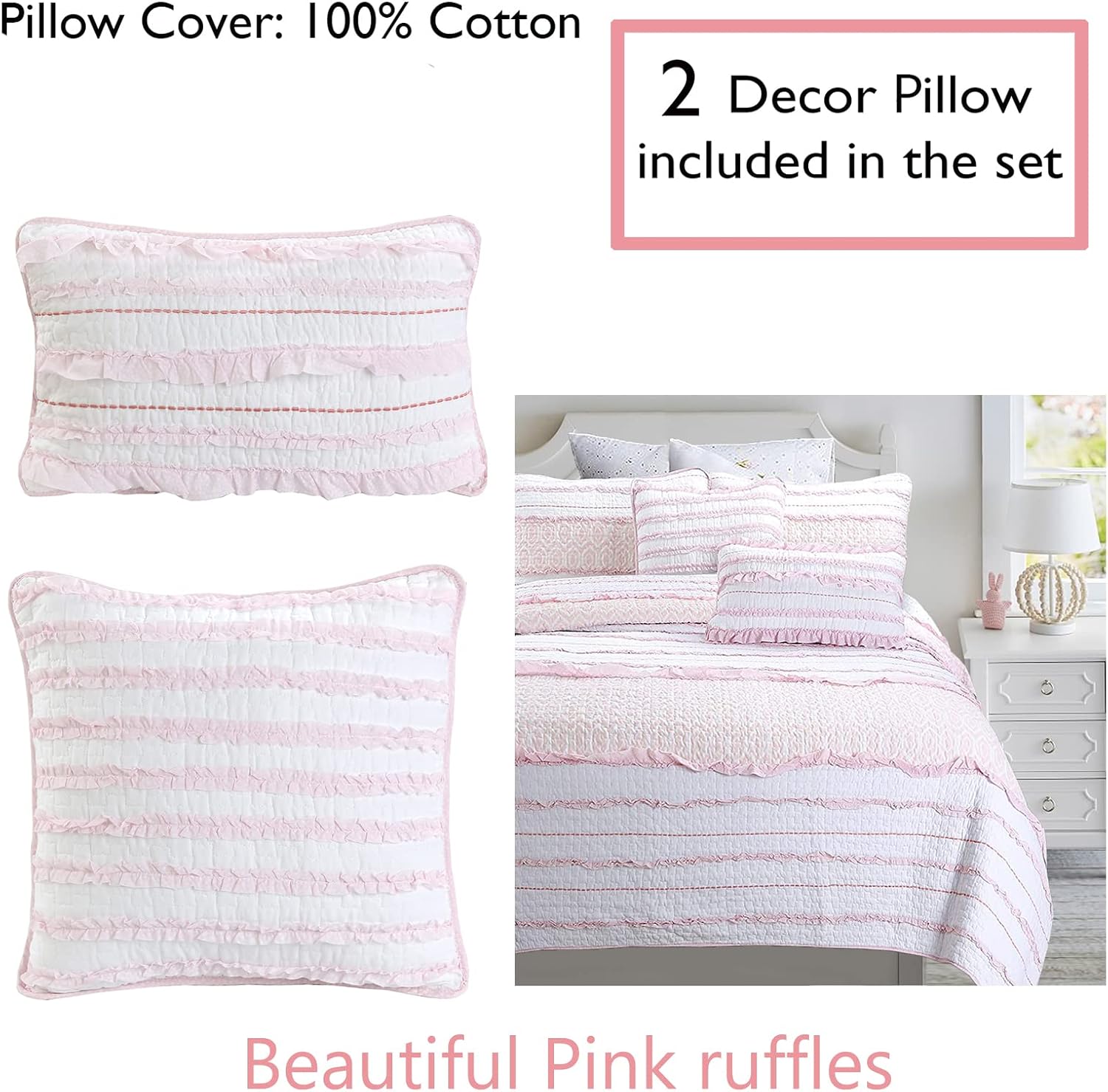 Cozy Line Home Fashions Pretty in Pink Girly Ruffle Stripped 100% Cotton Reversible Quilt Bedding Set, Coverlet, Bedspread (Pink Princess, Twin - 4 Piece: 1 Quilt + 1 Sham + 2 Decor Pillows)