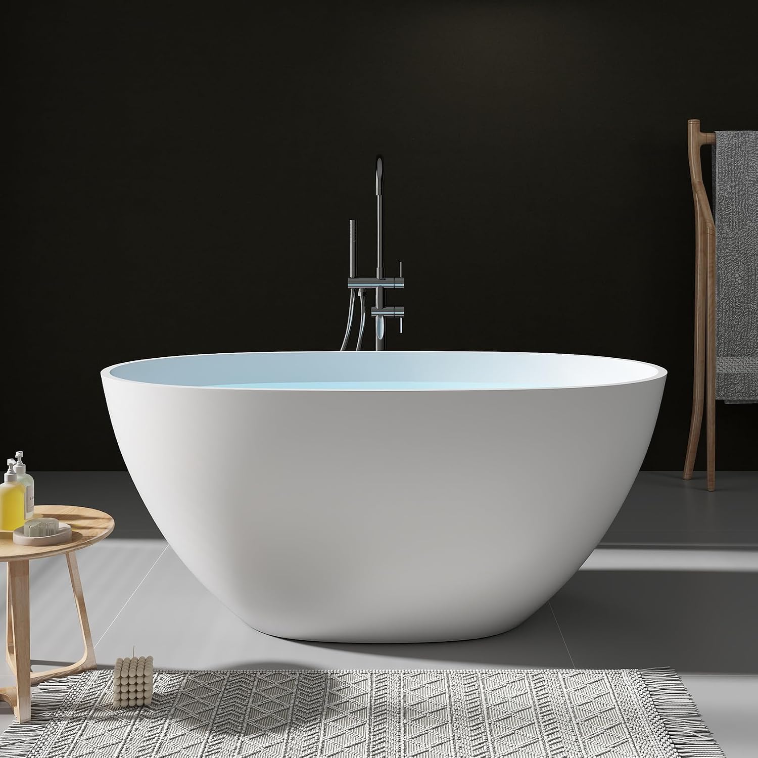 SJ STAR&JANE 51' Solid Surface Freestanding Bathtub, Stone Resin Oval Soaking Tub, Matte White，with Pop-up Drain & Overflow