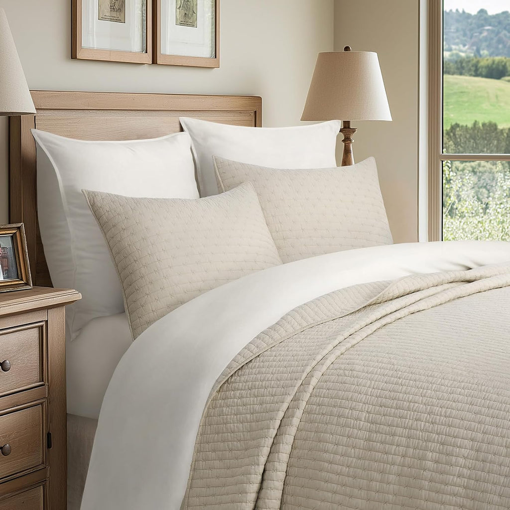 EVERGRACEHOME Cross Stitch Pre-Washed Cotton Quilt Bedding Set King Size, Oversized 3 Pieces Lightweight Bedspread Coverlet for All Season, with 2 Matching Shams, Flax Beige,118'x106' | Cross Stitch