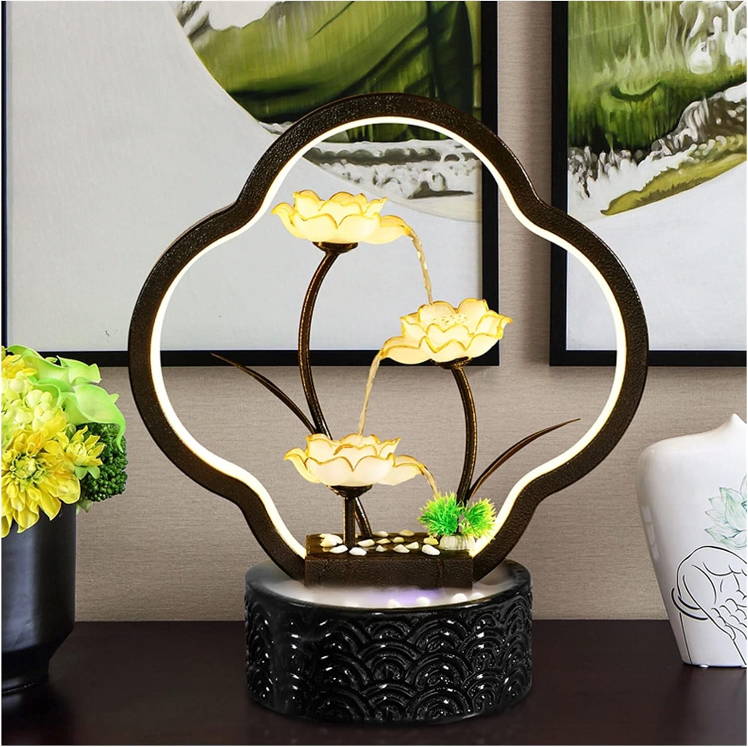 HIHELO Indoor Tabletop Waterfall Fountain Tabletop Fountain with Light Ceramic Circulating Water Fountain Decoration Home Living Room Interior Creative Desktop Landscape Meditation Fountain