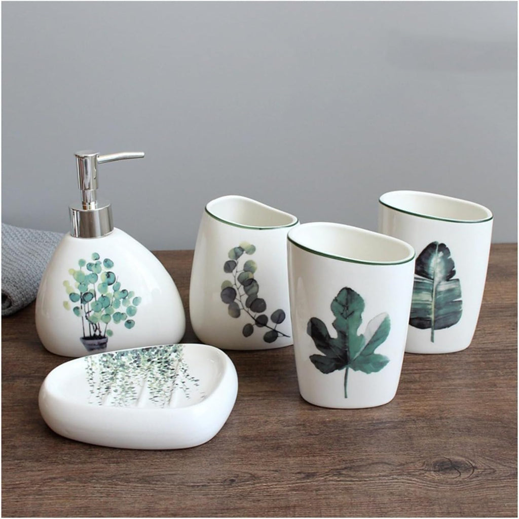Bathroom Accessories Set Soap Dispenser Set White Bathroom Accessory Sets with Toothbrush Cup Dish Holder for Apartment Dormitory Victorian Decor(Green a)