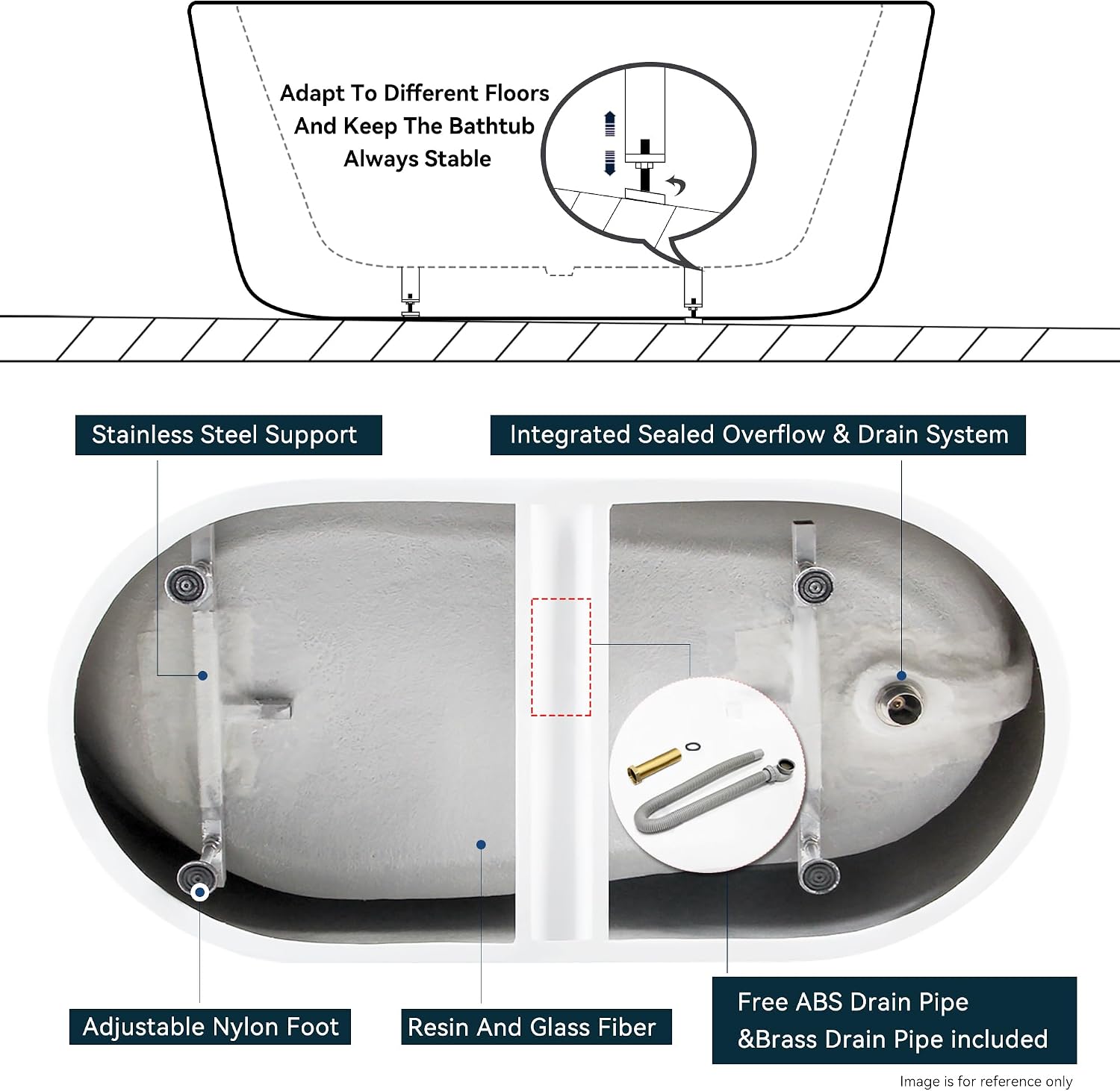 FerdY Lana'i 67' Freestanding Bathtub, Gracefully Shaped Freestanding Soaking tub, Glossy White, cUPC Certified, Matte Black Drain Assembly Included