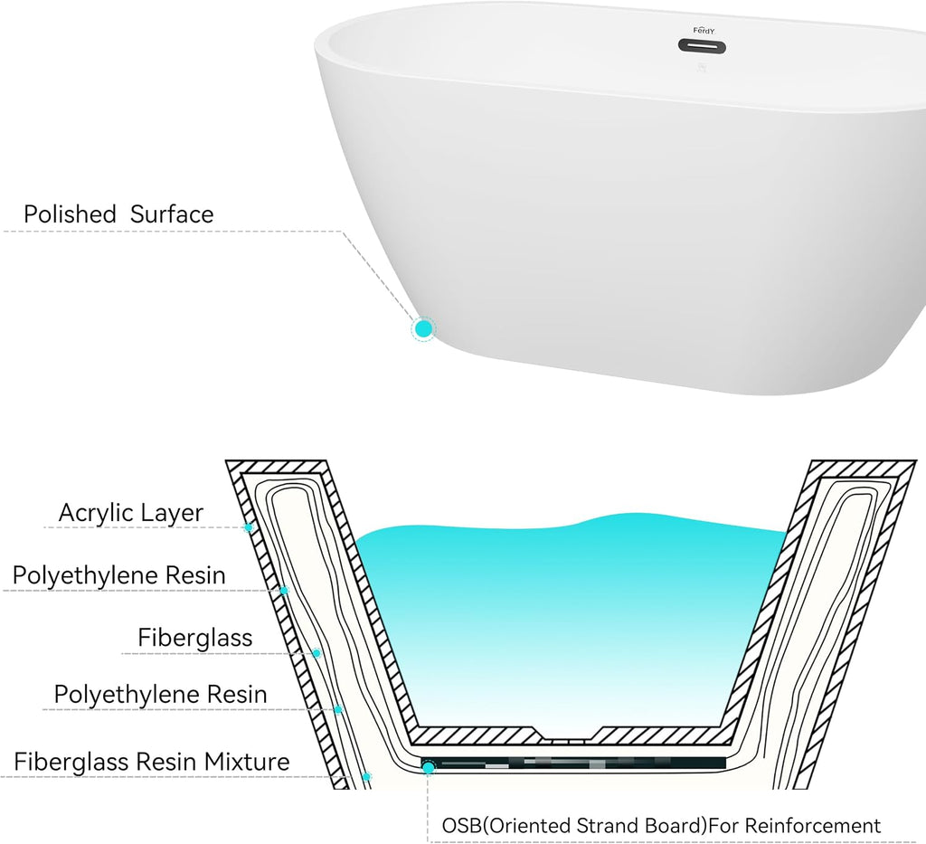 FerdY 55' Bali Acrylic Freestanding Bathtub, Gracefully Shaped Freestanding Soaking Bathtub, cUPC Certified, Toe-Tap Matte Black Drain and Matte Black Overflow Included