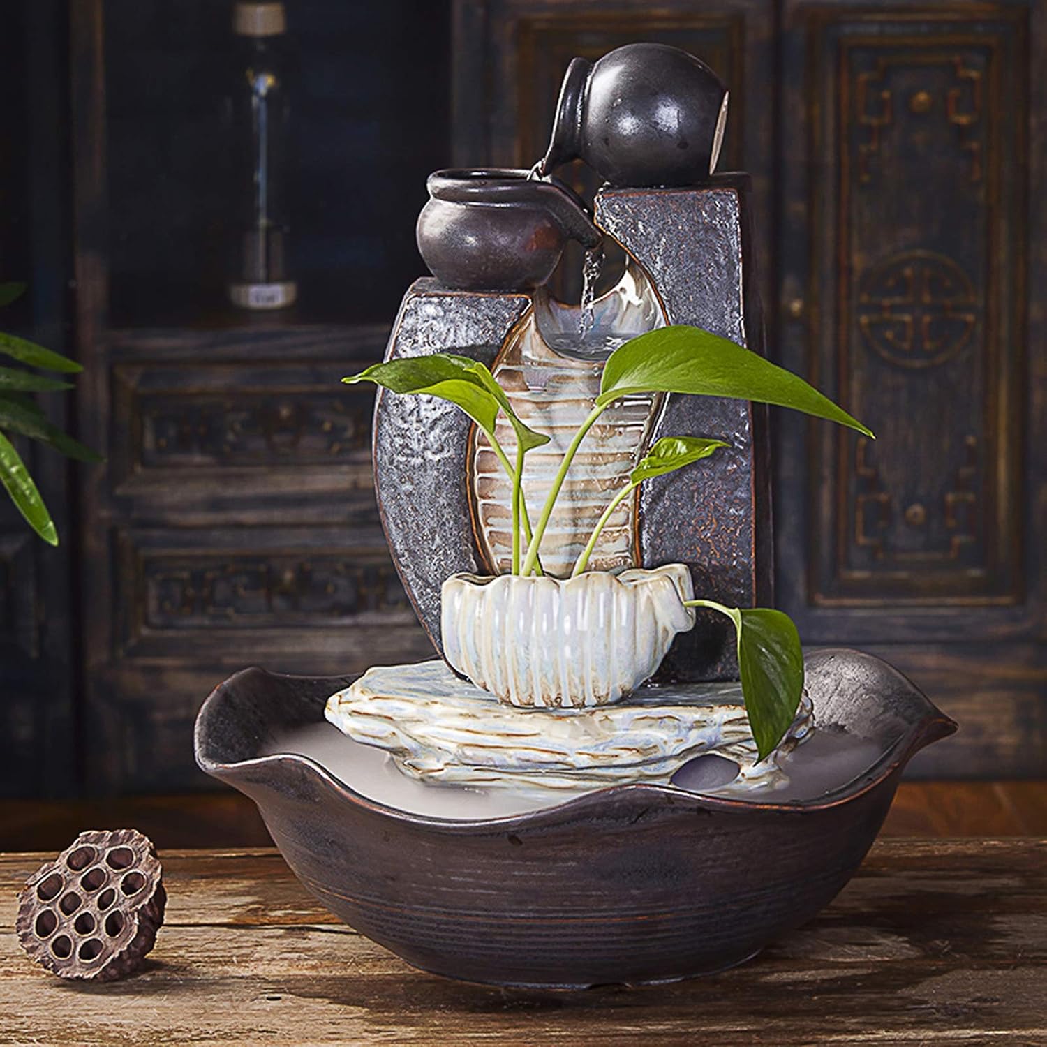 YITIANTIAN Tabletop Fountains 16.5' Tall Indoor/Outdoor Tiered Ceramics Tabletop Fountain with LED Lights - Tabletop Small Relaxation Waterfall Feature Indoor Fountain