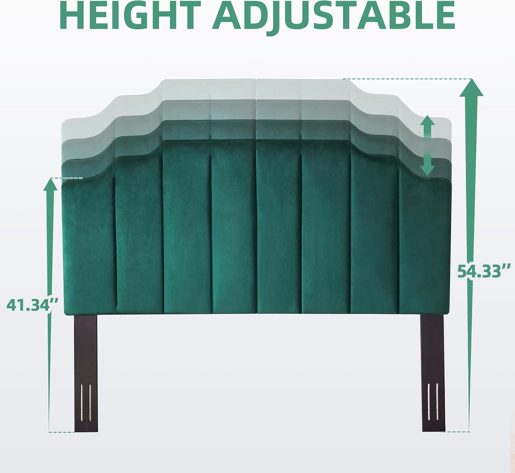Huatean Home Velvet Upholstered Headboard Queen, Tufted Headboard, Elegantly Curved Queen headboard only,Soft Padded headboards, Modern Vertical Channel Design Head Board, Dark Green