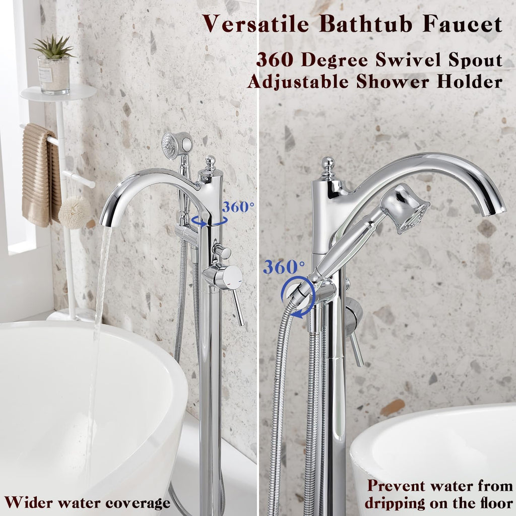 Free Standing Tub Faucet, Classic Freestanding Bathtub Faucet with Vintage Hand Shower Brass High Flow Rate Floor Mount Tub Filler Swivel Spout Soaker Tub Faucets Polished Chrome (WT-9002CP)