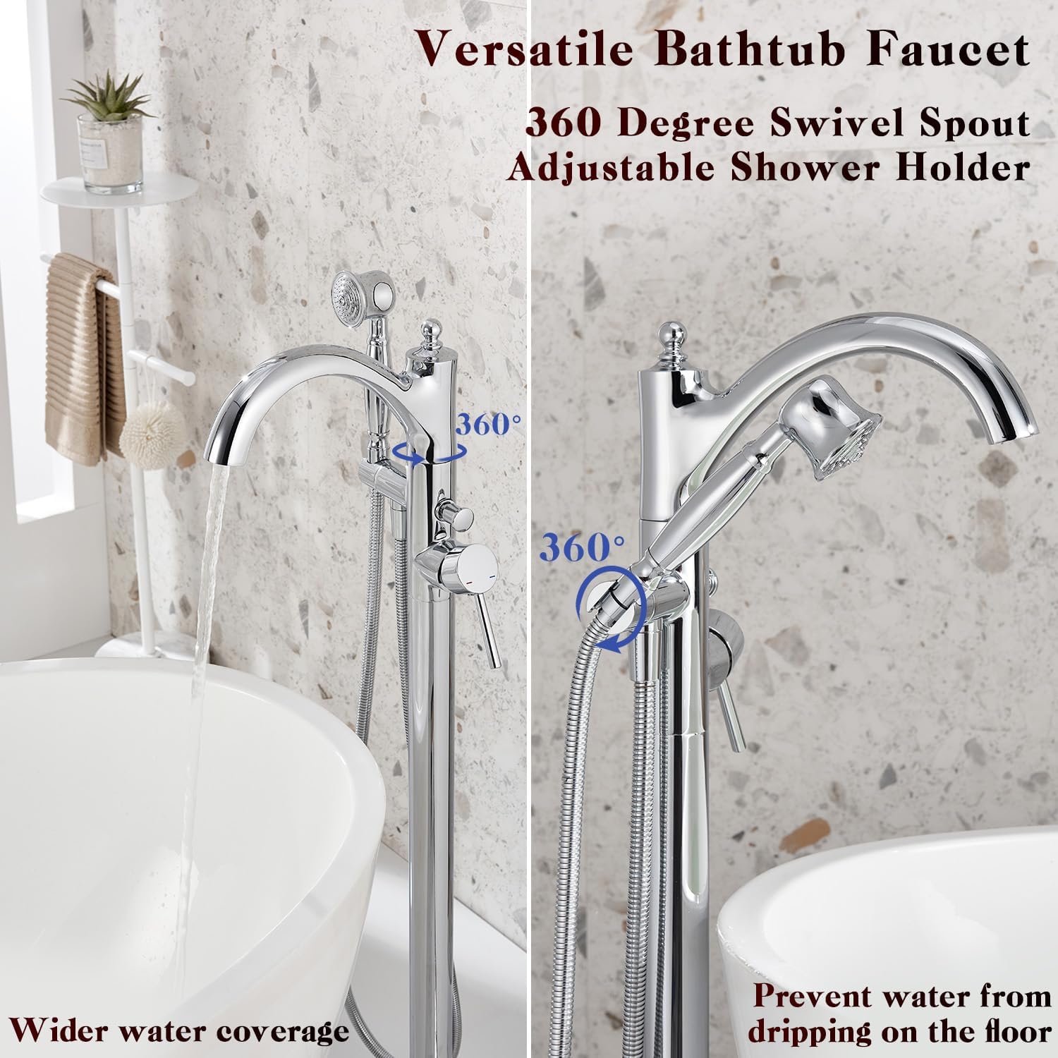Free Standing Tub Faucet, Classic Freestanding Bathtub Faucet with Vintage Hand Shower Brass High Flow Rate Floor Mount Tub Filler Swivel Spout Soaker Tub Faucets Polished Chrome (WT-9002CP)