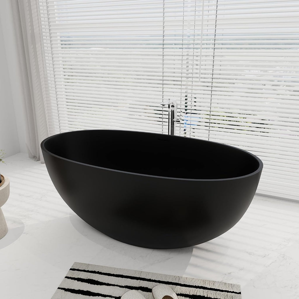 SJ STAR&JANE 55' Solid Surface Freestanding Bathtub, Stone Resin Oval Soaking Tub Matte Black Stand Alone Tub with Overflow and Pop-up Drain for Bathroom