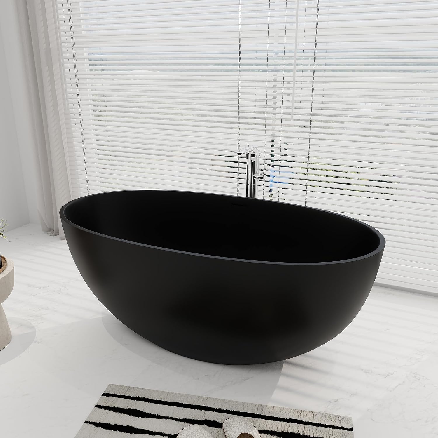 SJ STAR&JANE 55' Solid Surface Freestanding Bathtub, Stone Resin Oval Soaking Tub Matte Black Stand Alone Tub with Overflow and Pop-up Drain for Bathroom