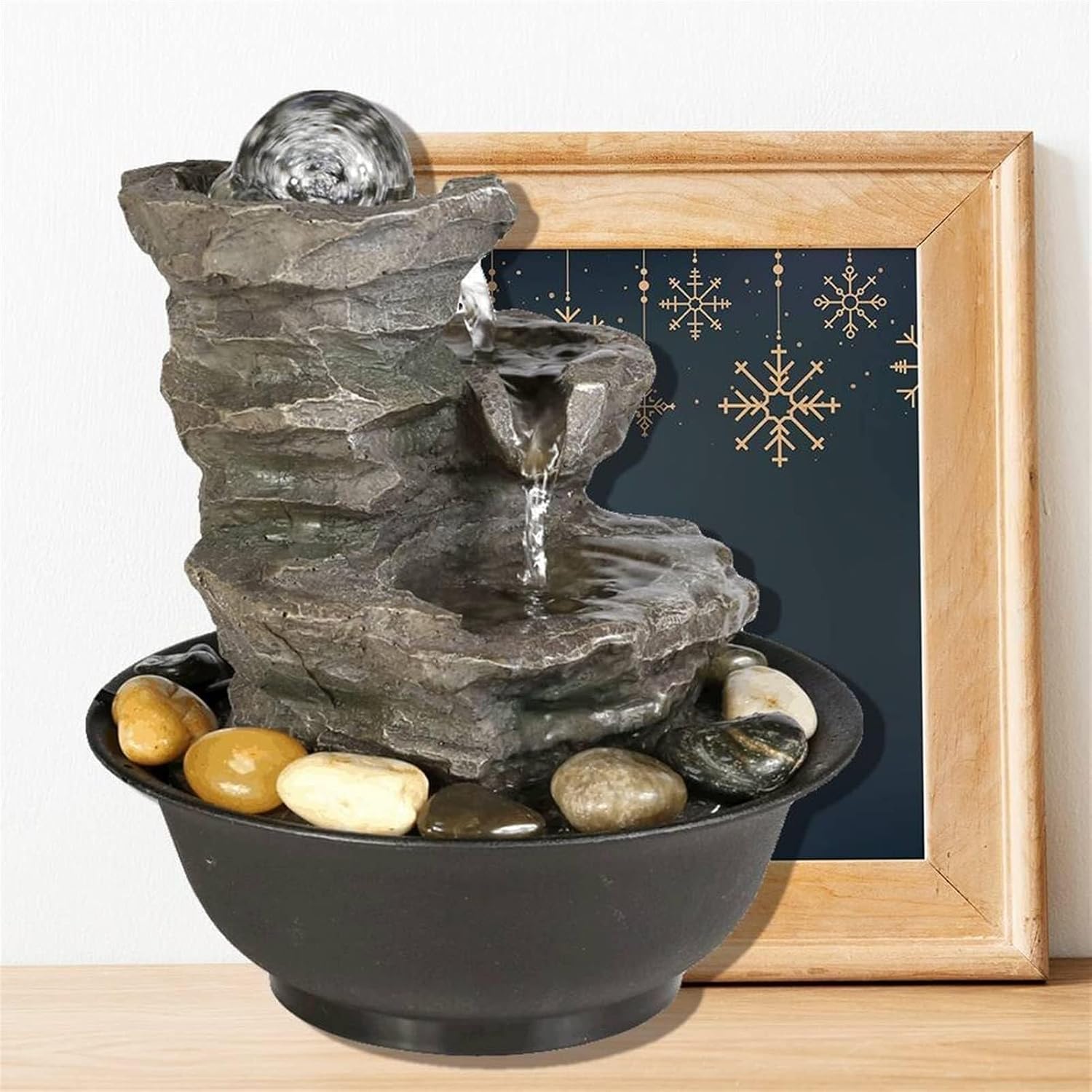 Desktop Waterfall Tabletop Fountain with LED Lights and Rotating Ball, Indoor Desktop Water Feature