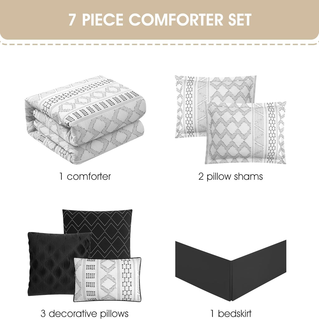 Stratford Park 7 Piece White Black Comforter Set, Queen Size Clip Bedding Set, All Season Geometric Bedding Set, Matching Pillows, Shams, Bed Skirt