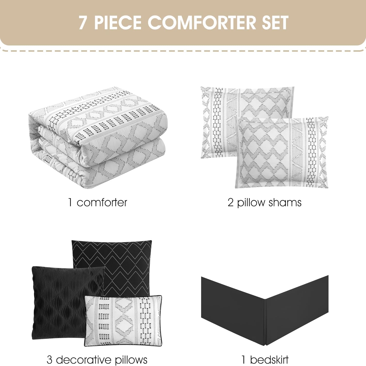 Stratford Park 7 Piece White Black Comforter Set, Queen Size Clip Bedding Set, All Season Geometric Bedding Set, Matching Pillows, Shams, Bed Skirt