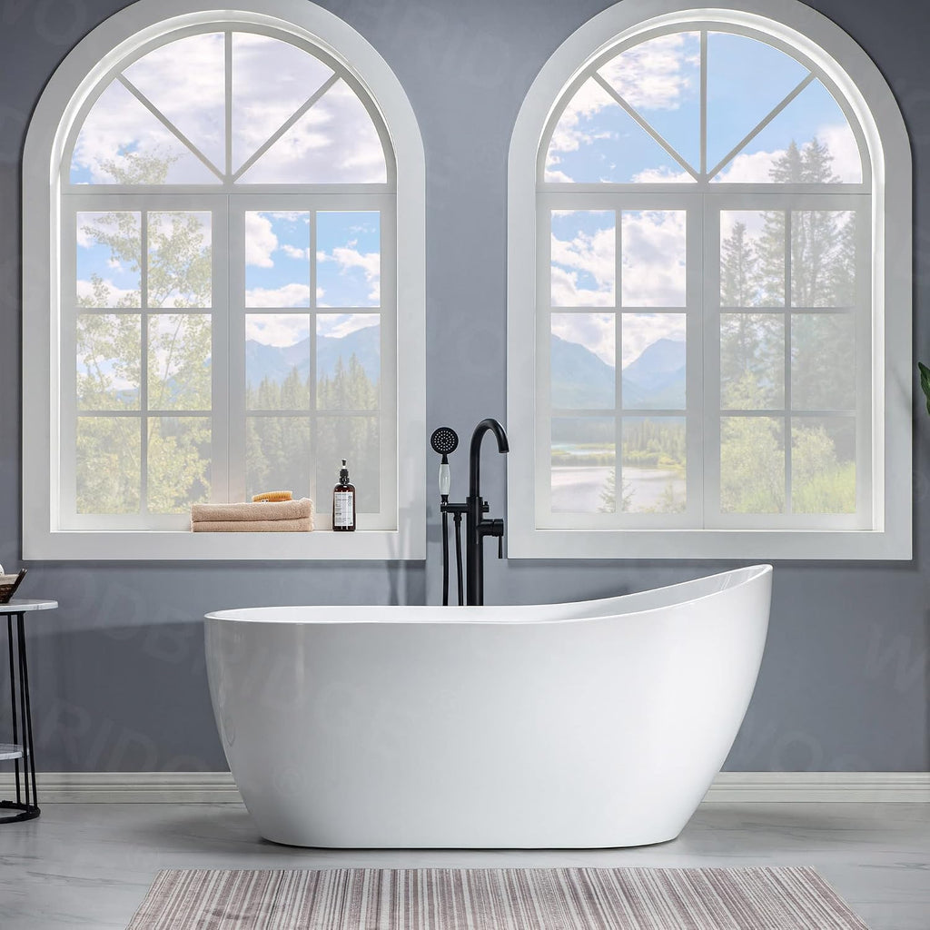 WOODBRIDGE 59' Acrylic Freestanding Bathtub Contemporary Soaking Tub with Matte Black Drain and Overflow