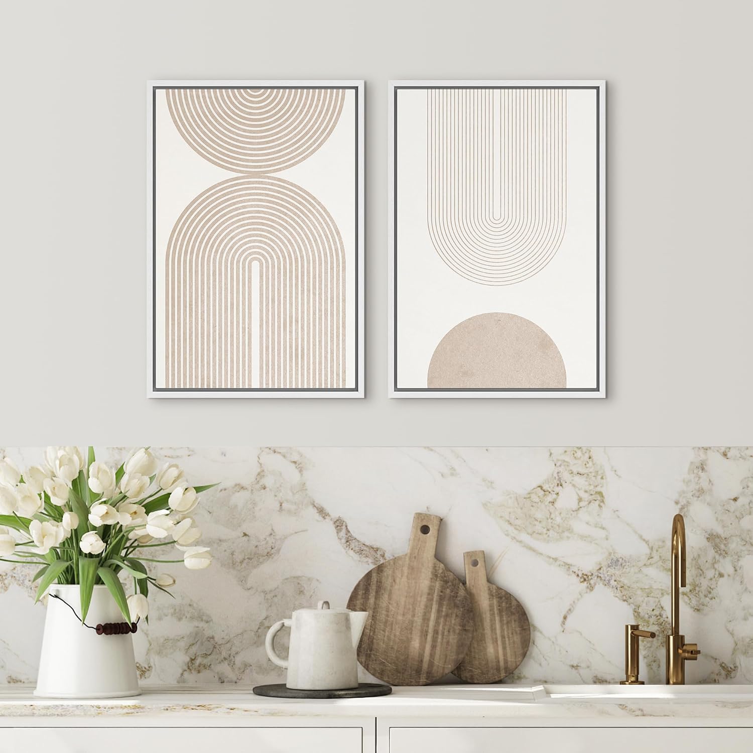 SIGNFORD Framed Canvas Print Wall Art Set Beige & White Duotone Geometric Spiral Polygons Abstract Shapes Illustrations Modern Art Decorative Minimalist Relax/Cozy for Bedroom - 24'x36'x2 White