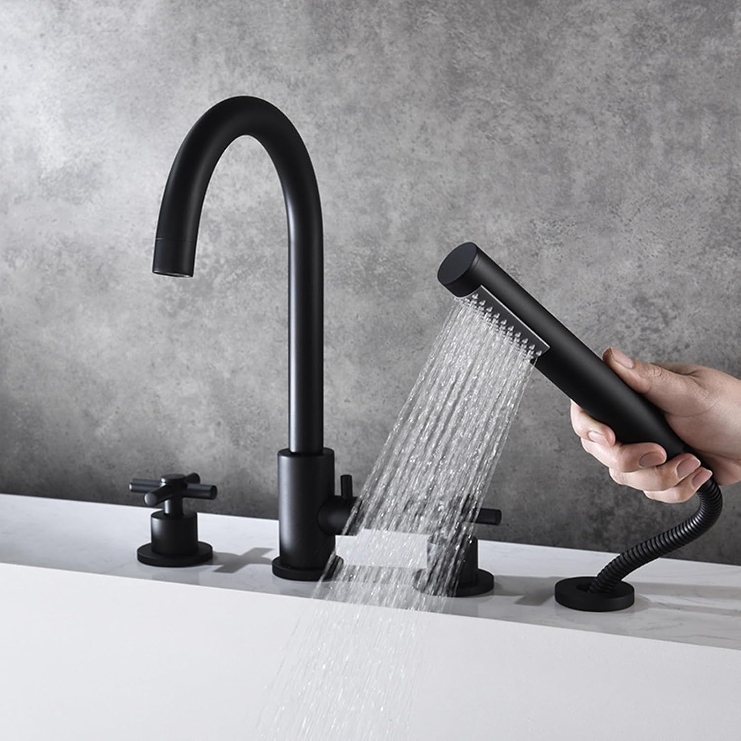 Bath Mixer Tap with Shower Attachment, 3-Hole Bathtub Tap Shower Head and Hose Set for Bath Taps Chrome,B