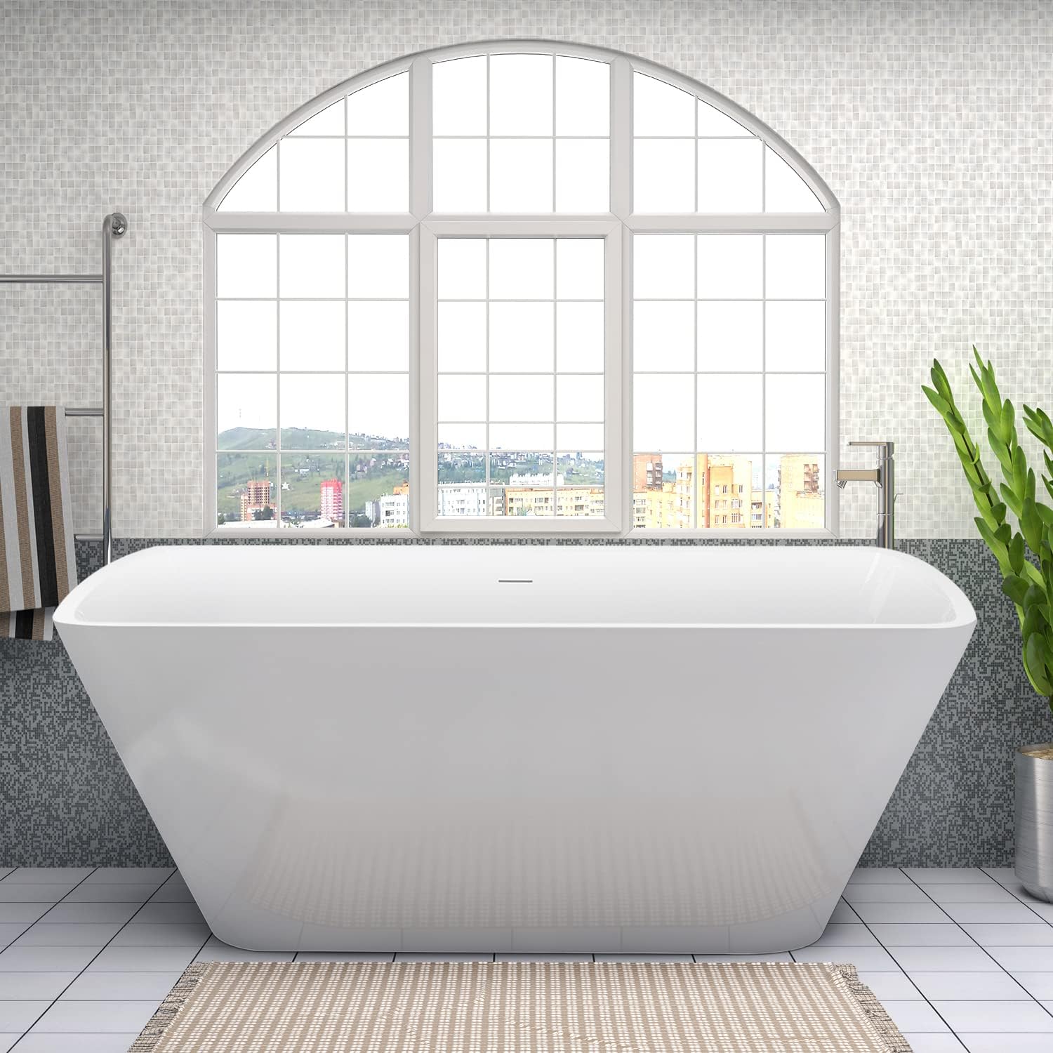 67' Lucite Acrylic Freestanding Bathtub, Trapezoidal Shape Contemporary Soaking Tub with Toe-tap Chrome Center Drain, Slotted Overflow, cUPC Certified, Glossy White