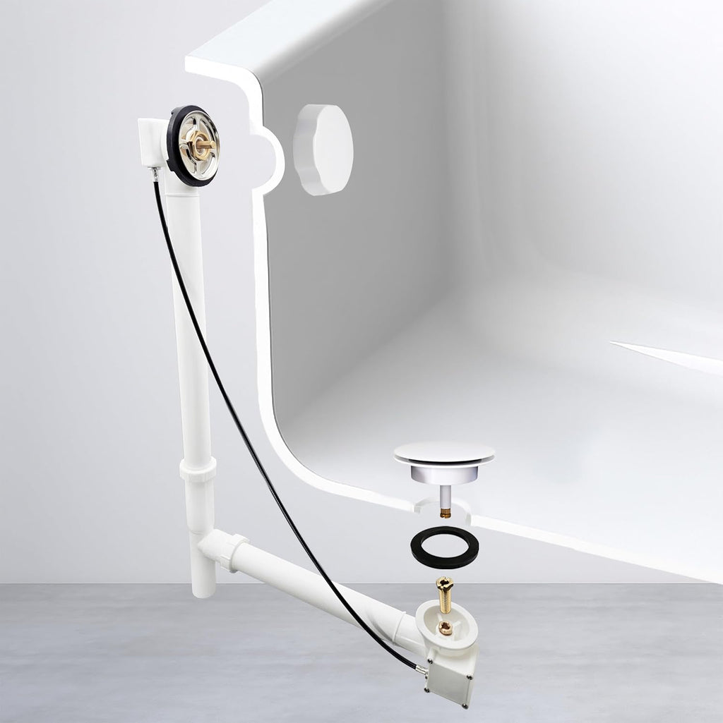Westbrass A50P35TLE-50 35' Cable Drive Bath Drain Trim Kit with Rotary Overflow Cover Knob, European Stopper and Poly Tubular Pipes, White