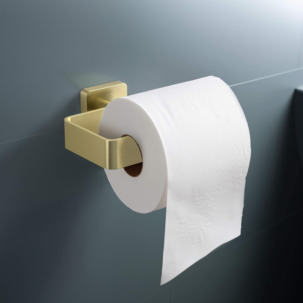 KIBI Blaze 4-Piece Bathroom Hardware Set – Includes Towel Bar, Toilet Paper Holder & 2 Robe Hook, Solid Brass, Wall-Mounted, Rust-Resistant, Modern Bath Accessories (Brushed Gold, KBA16-4-1)