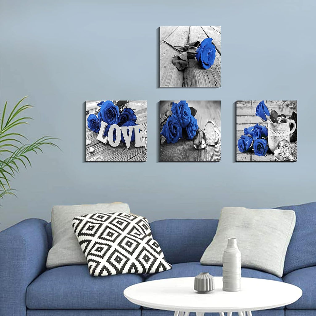 Blue Flower Wall Art Black and White Wall Decor Blue Rose Prints Paintings Artwork Bathroom Kitchen Living Room Home Decorations 20 x 20' Sets 4 Panels Rustic Romantic Floral Love Sign Frames Pictures