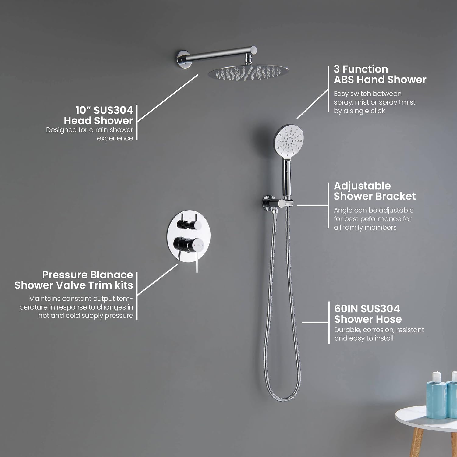 KIBI 2-Function Wall Mounted Circular Bathroom Shower System | Solid Brass Pressure Balanced Valve Shower Faucet Set with High Flow Showerhead and Handheld Spray for Bathroom (Chrome, KSF403)