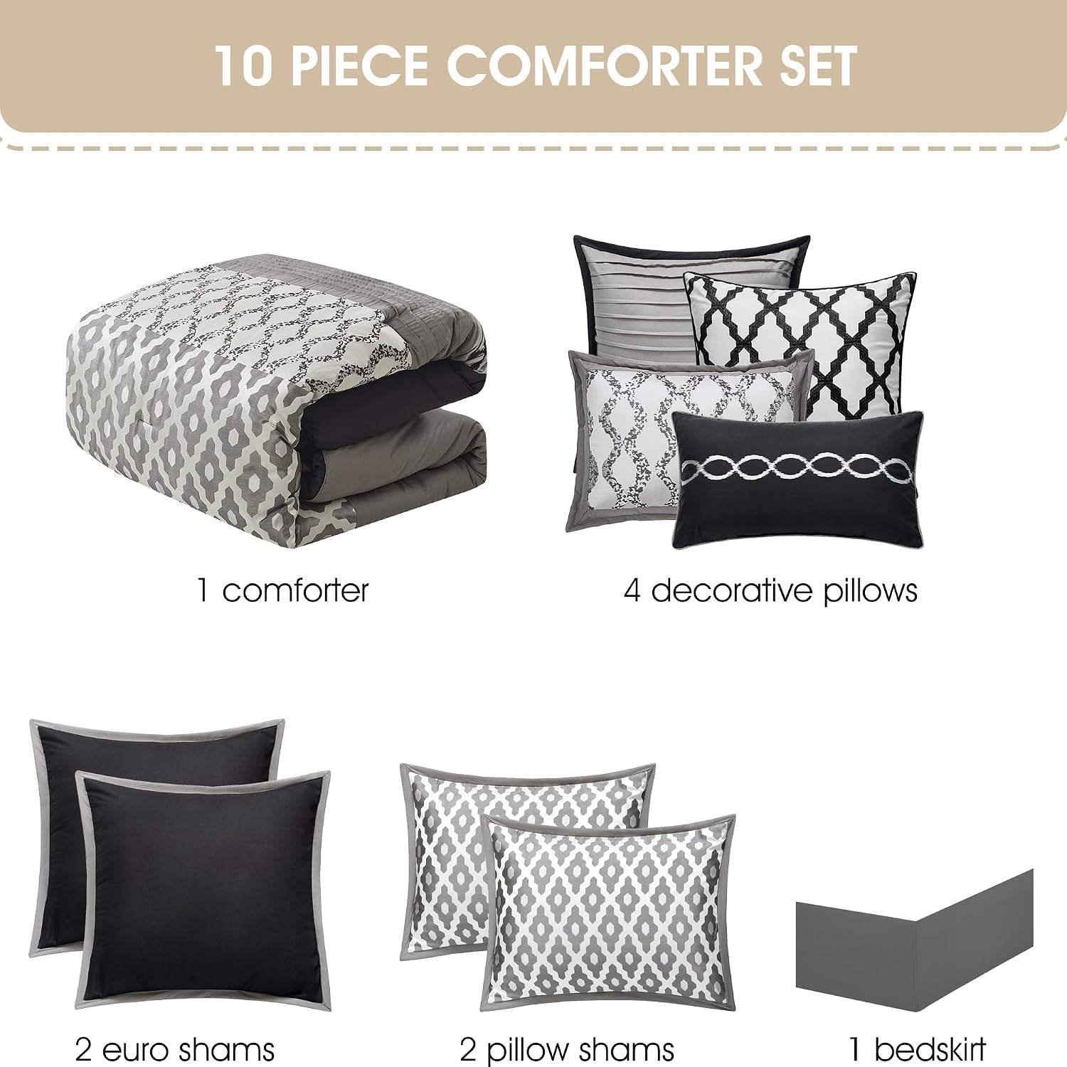 Stratford Park Geometirc California King Black Comforter Set, 10 Piece, Jacquard Bedding Comforters & Sets, Bedskirt, Pillows & Shams, Ultra-Soft