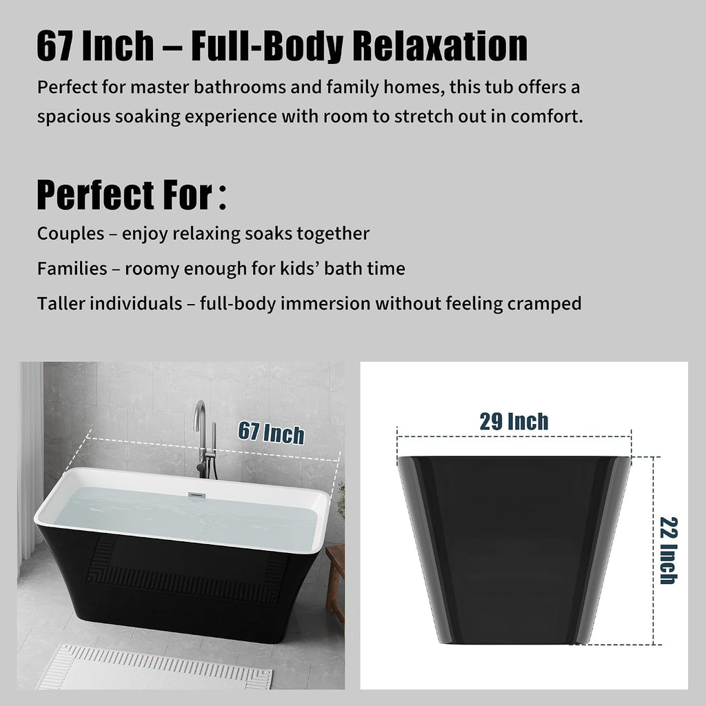 Freestanding Bathtub 67 inch Black and White Acrylic Tub, Deep Soaking Modern Bath for Bathroom Remodel and Home Spa Relaxing Comfort